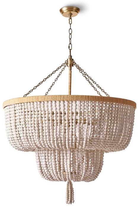 Beaded chandelier with brass chain and woven rim