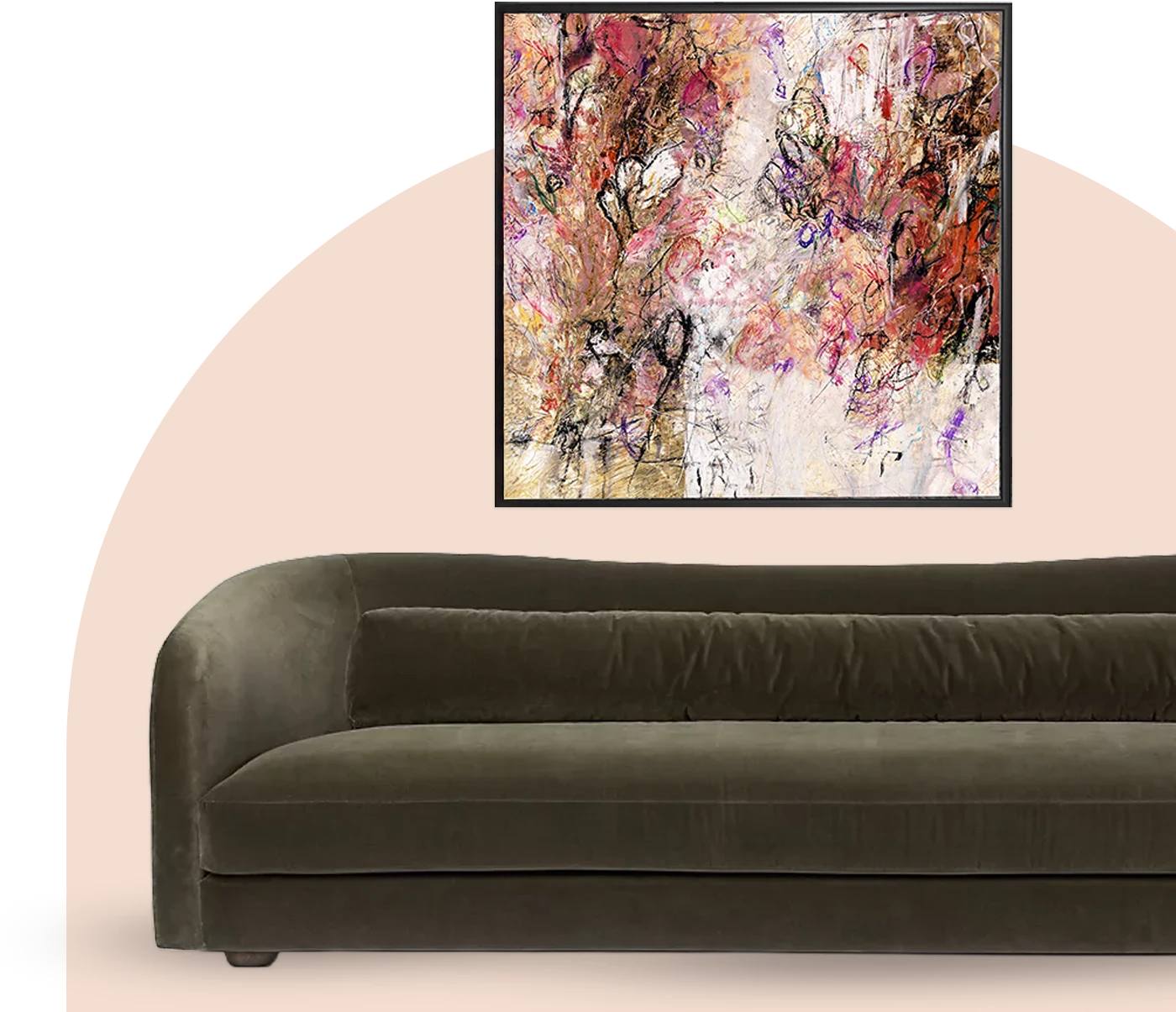 Olive velvet sofa beneath framed abstract artwork